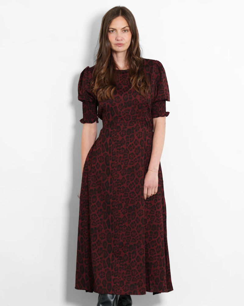 Hazel Berry Leopard Print Midi Tea Dress