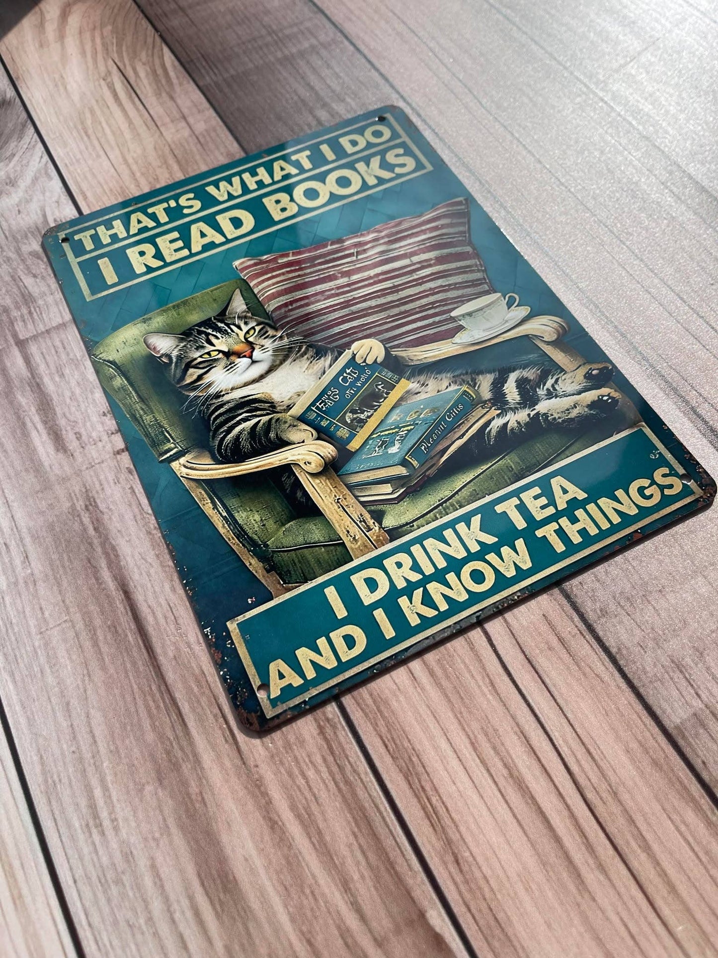 Read Books Drink Tea Know Things Cat Metal Sign Plaque: 6x8inch