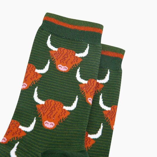 Highland Cow Bamboo Socks in Forest Green