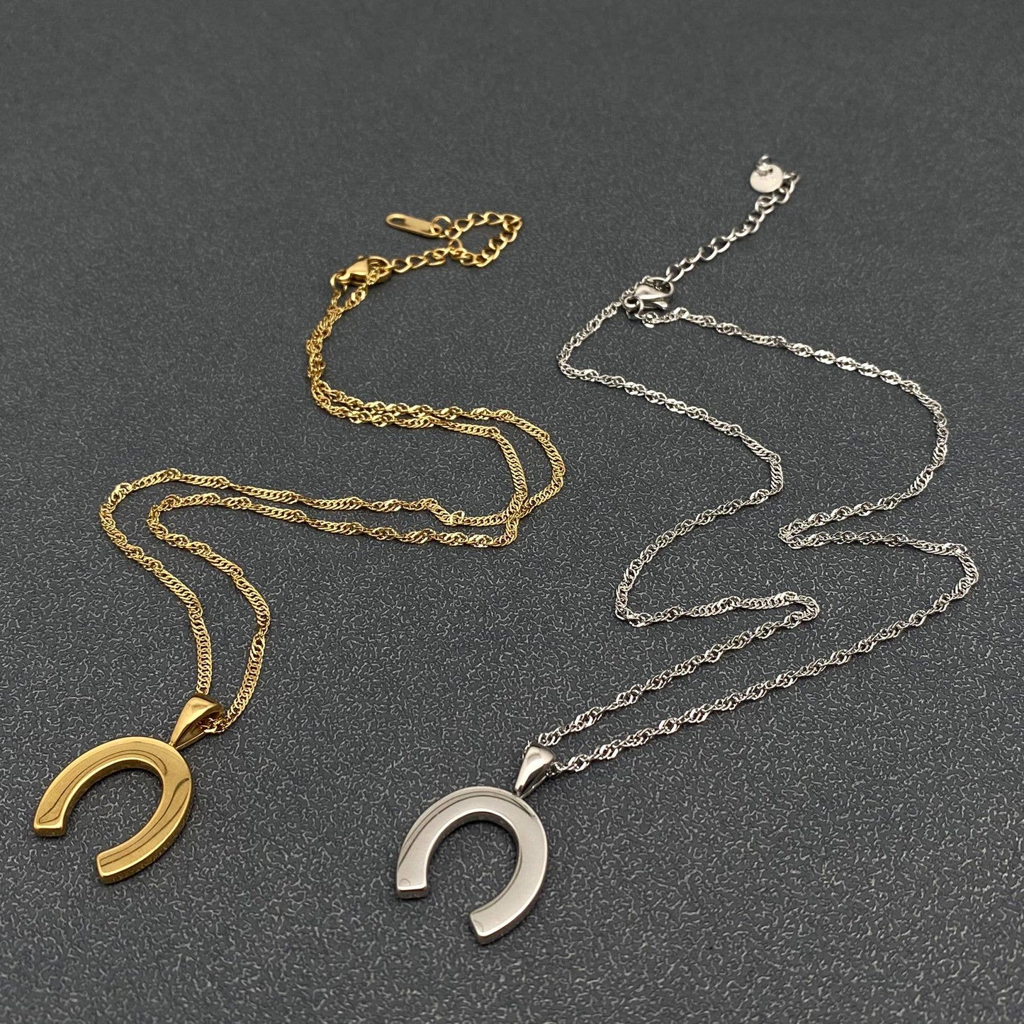 Inlaid CZ Stainless Steel Horseshoe Necklace in Silver