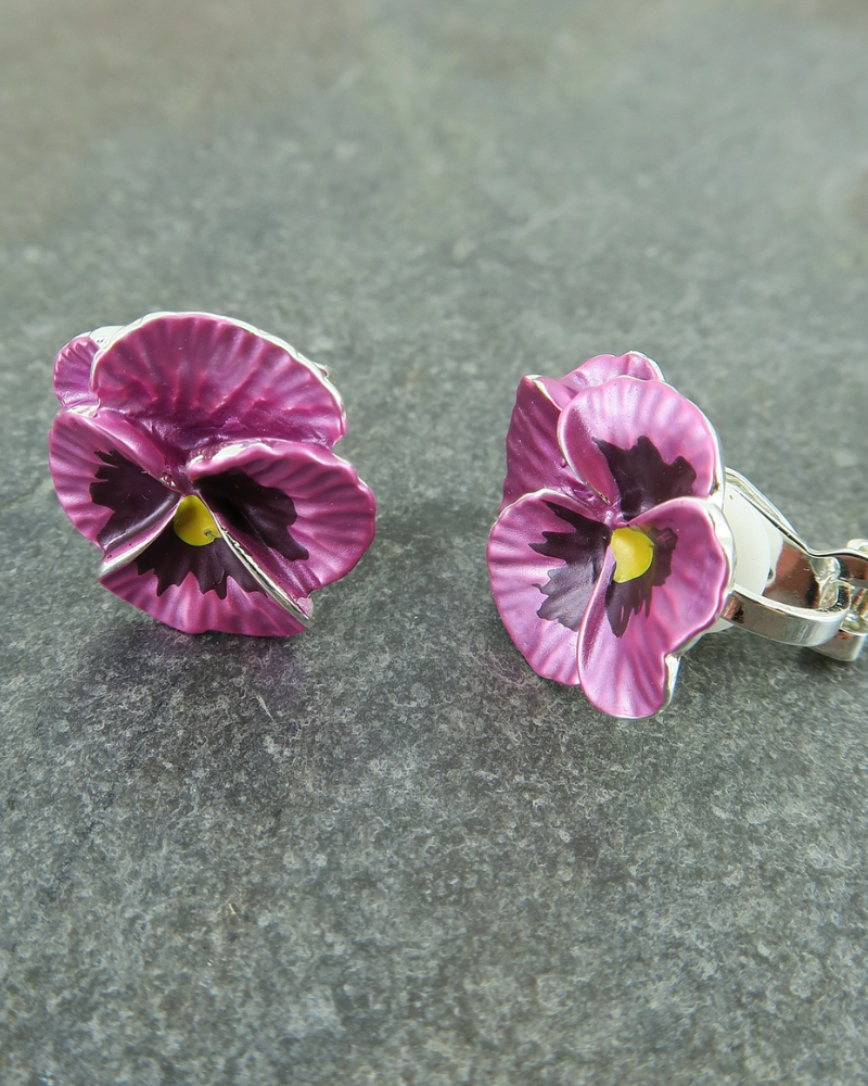 Pansy Flower Clip On Earrings in Yellow & Pink
