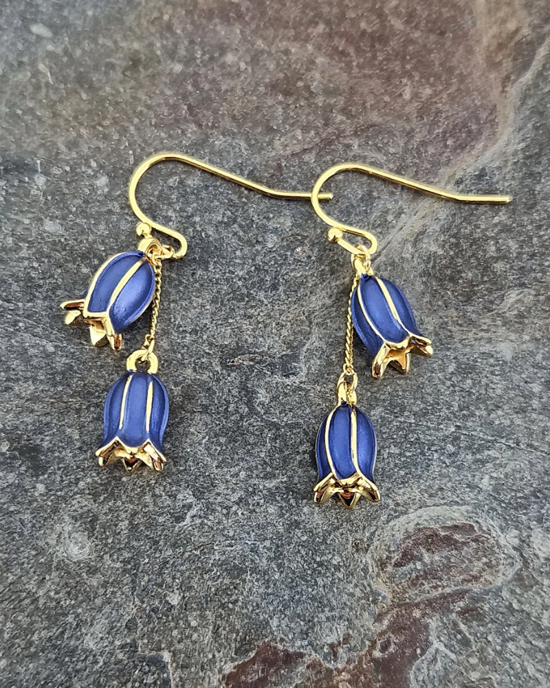 Bluebell Flower Double Drop Earrings in Gold & Silver