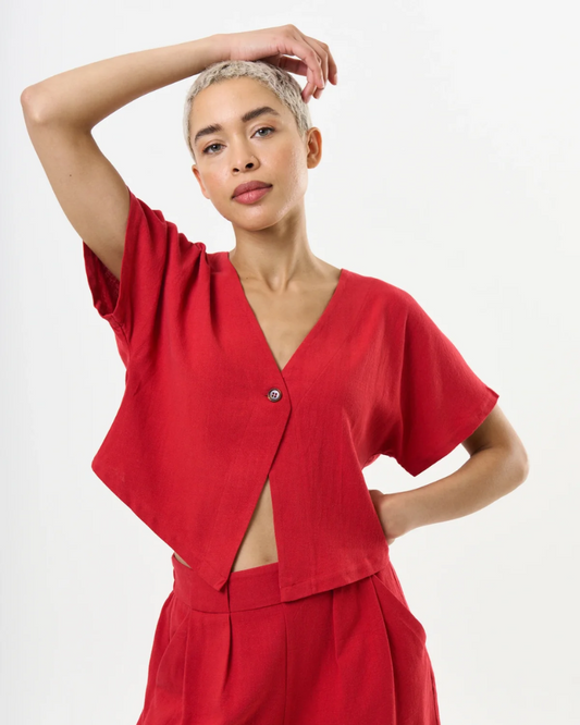 Cloe Red Linen Waistcoat Top by Louche London