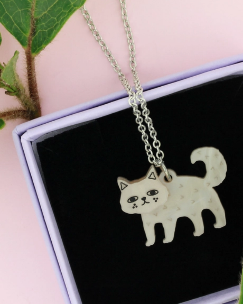Mini Cat Charm Necklace Black & Cream