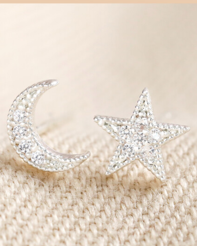 Crystal Moon and Star Silver Earrings
