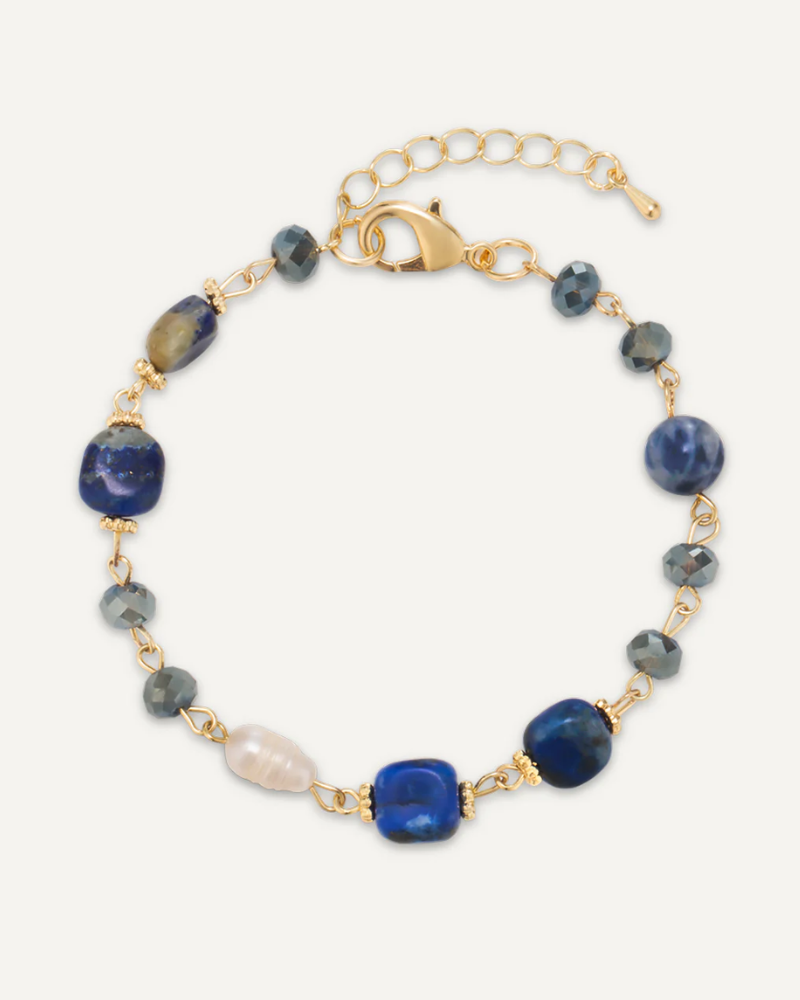 Venus Round Blue Semi-Precious Stones & Freshwater Pearl Clasp Bracelet Gold