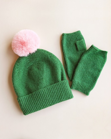 Emerald Green Pom Pom Hat And Hand Warmers Set