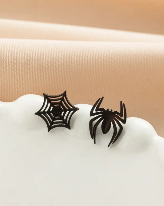 Spider Web Mismatch Stud Earrings in Black & Silver