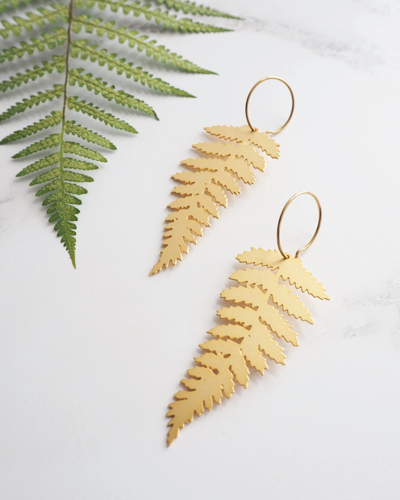 Gold Fern Leaf Statement Hoop Earrings