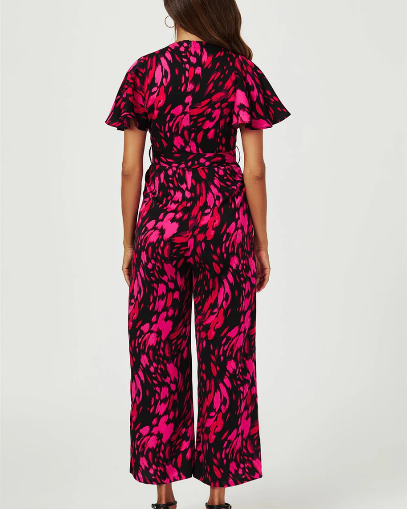 Pink Abstract Print Wrap Top Jumpsuit