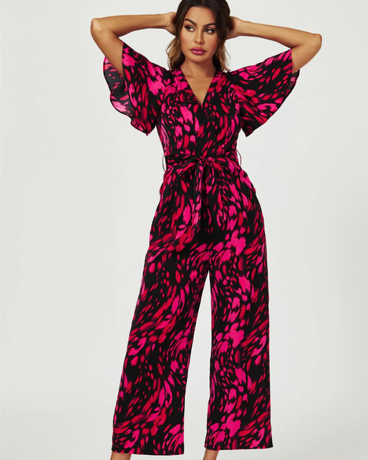 Pink Abstract Print Wrap Top Jumpsuit