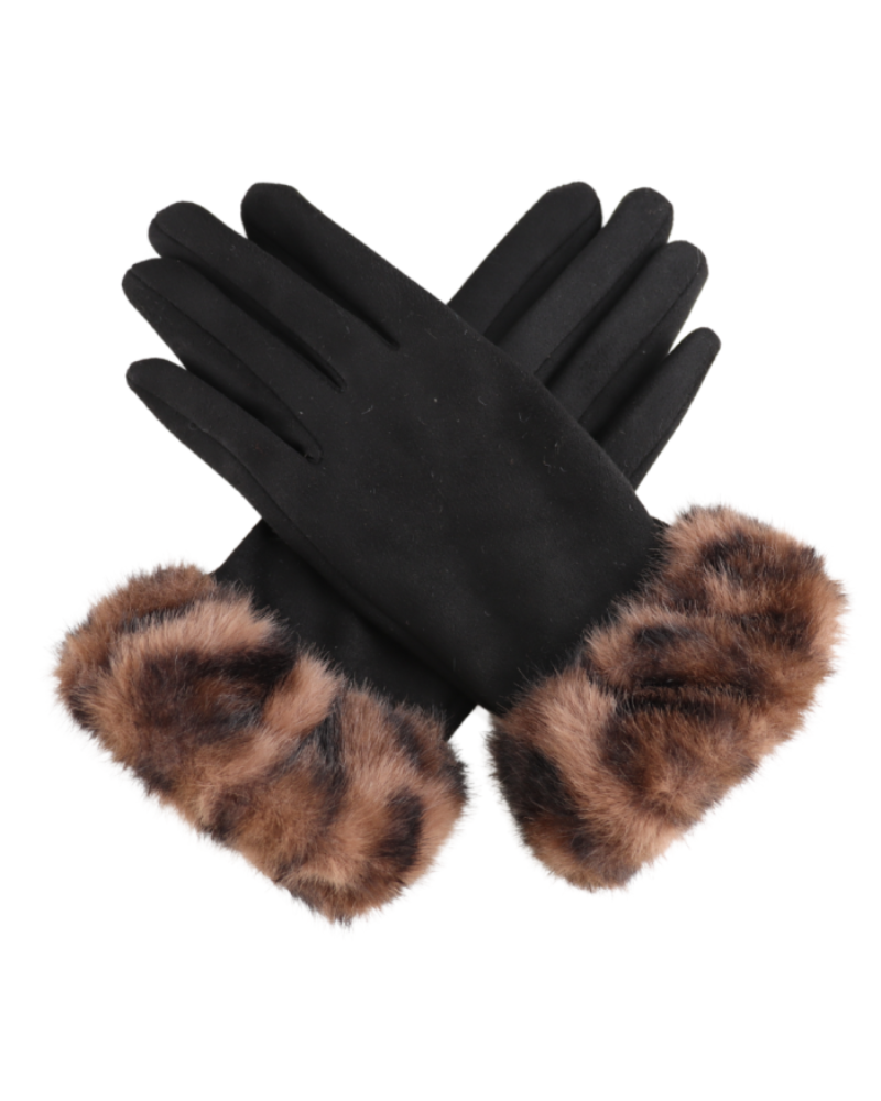 Faux Fur Leopard Cuff Gloves in Black