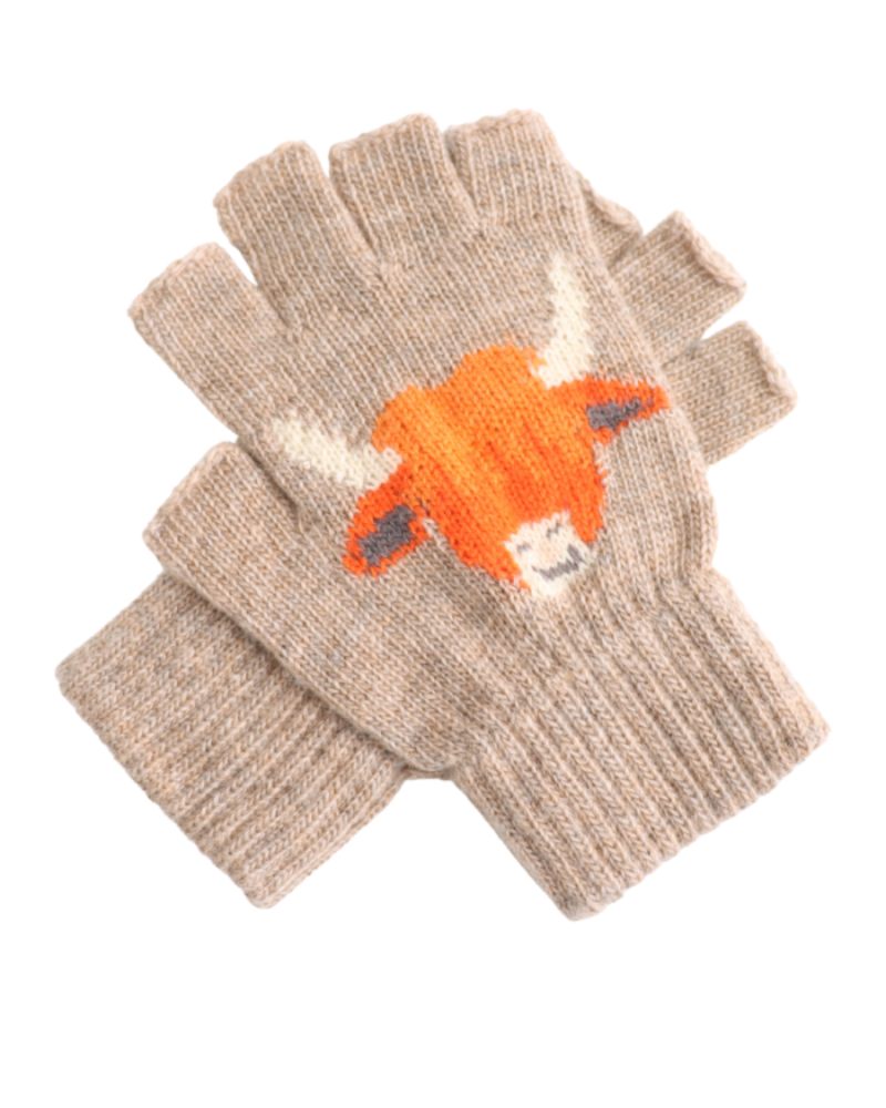 Fingerless Highland Cow Gloves in Mushroom