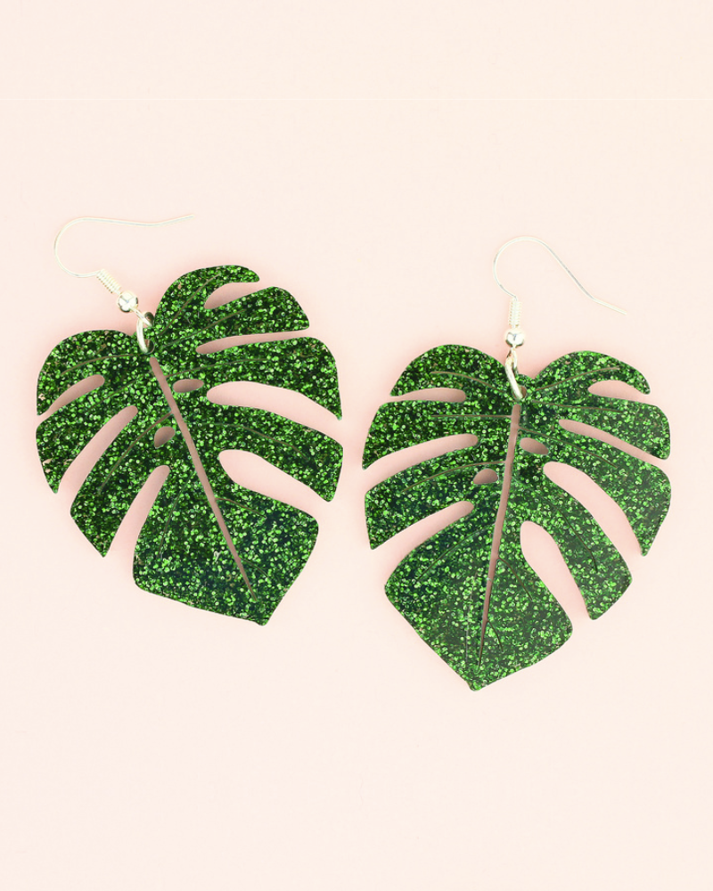 Glitter Monstera Drop Earrings