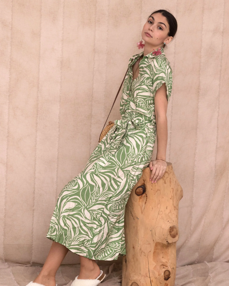 Leaves Print Linen Shirt Dress