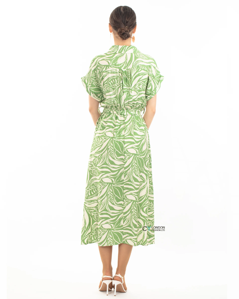Leaves Print Linen Shirt Dress