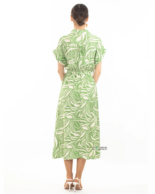Leaves Print Linen Shirt Dress