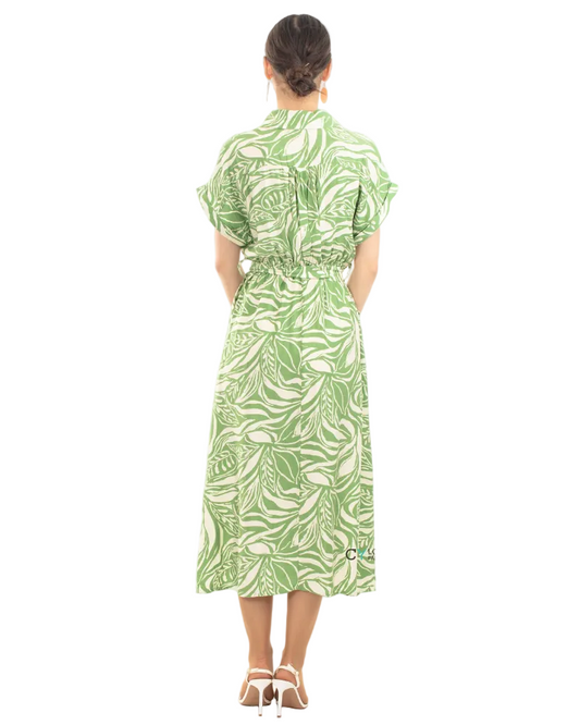 Leaves Print Linen Shirt Dress