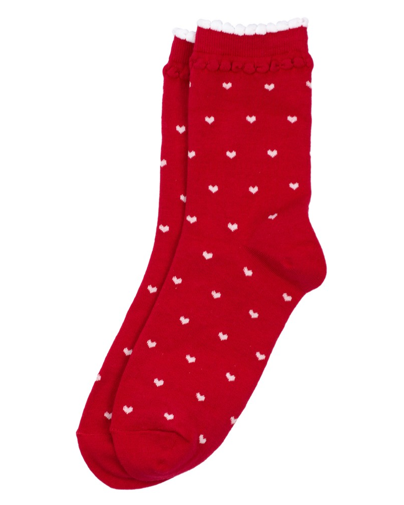 Red Picot Heart Crew Socks