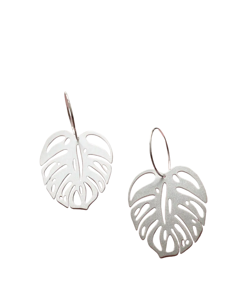 Silver Monstera Leaf Hoop Earrings