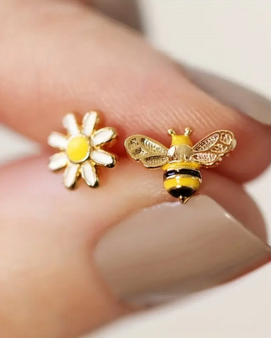 Bumble Bee Flower Enamel Mismatch Earrings