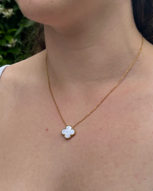 White Four Leaf Clover Pendant Necklace 18K Gold Plated