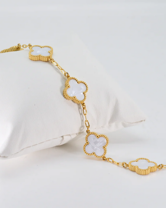 White Four Leaf Clover Bracelet 18K Gold Plated