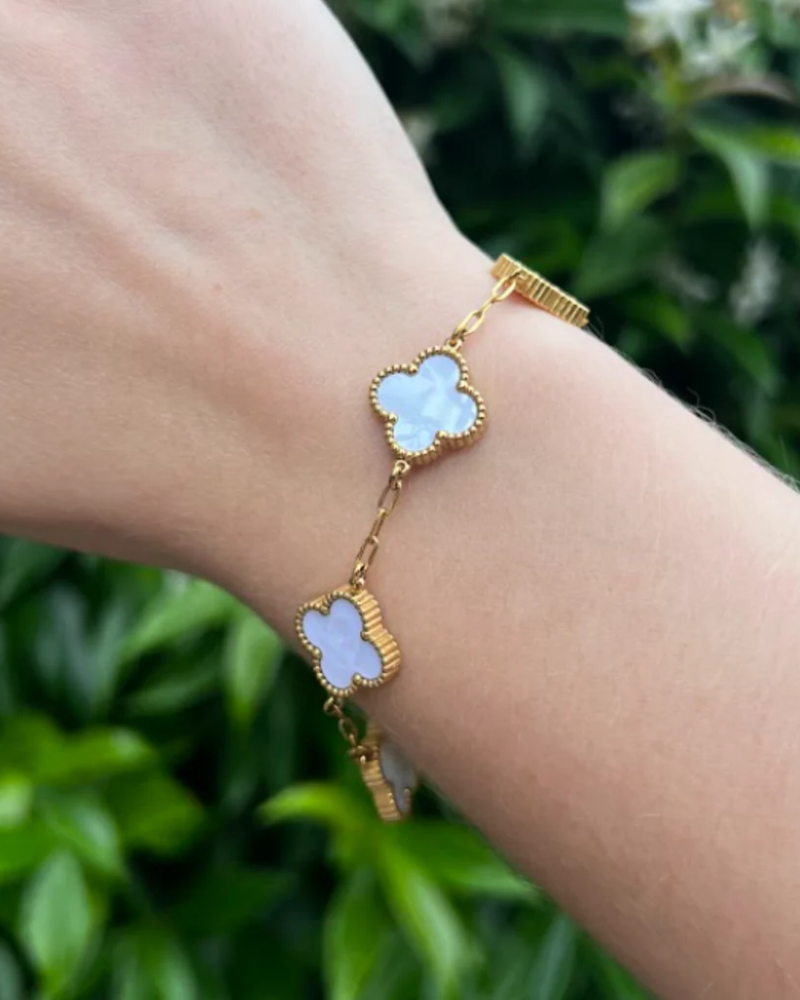 White Four Leaf Clover Bracelet 18K Gold Plated
