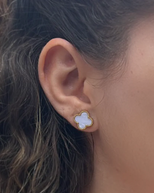 White Four Leaf Clover Stud Earrings 18K Gold Plated