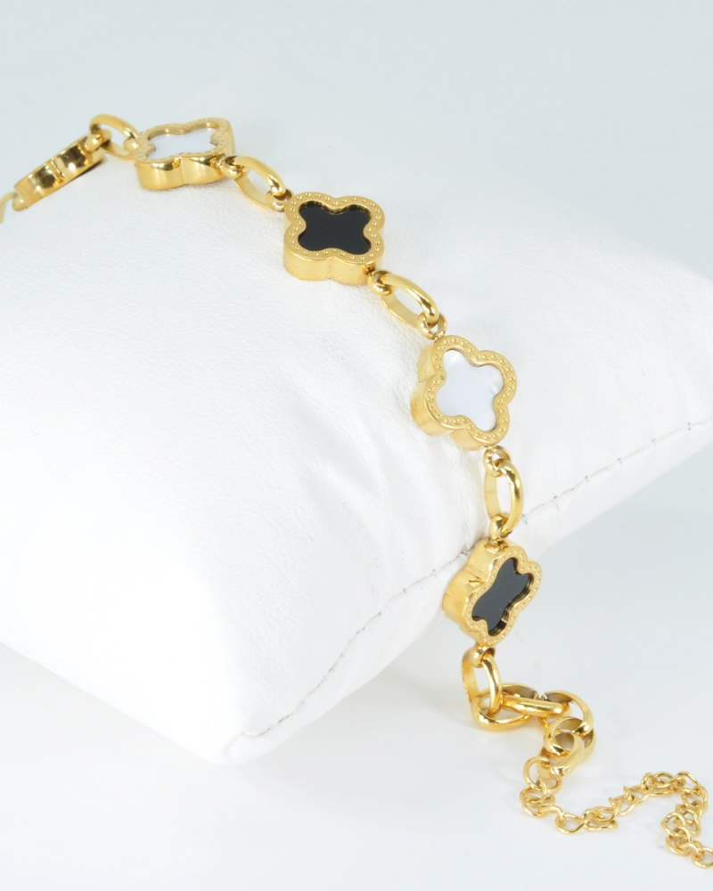Black & White Four Leaf Clover Bracelet 18K Gold Plated