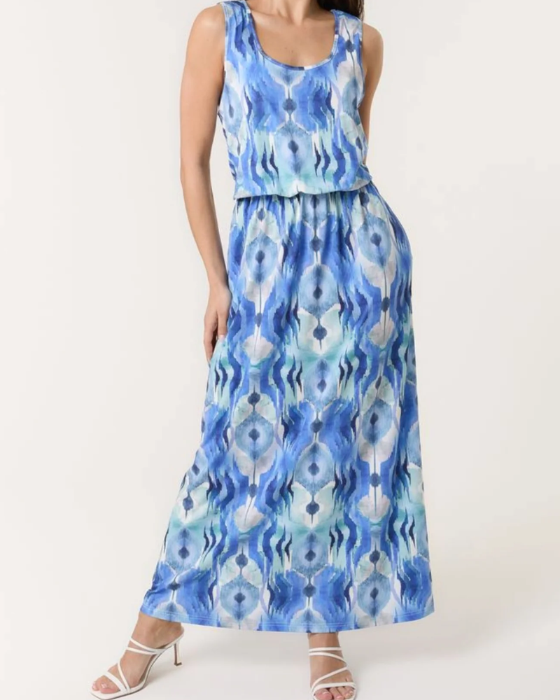 Watercolour Puffball Maxi Dress Blue Tone