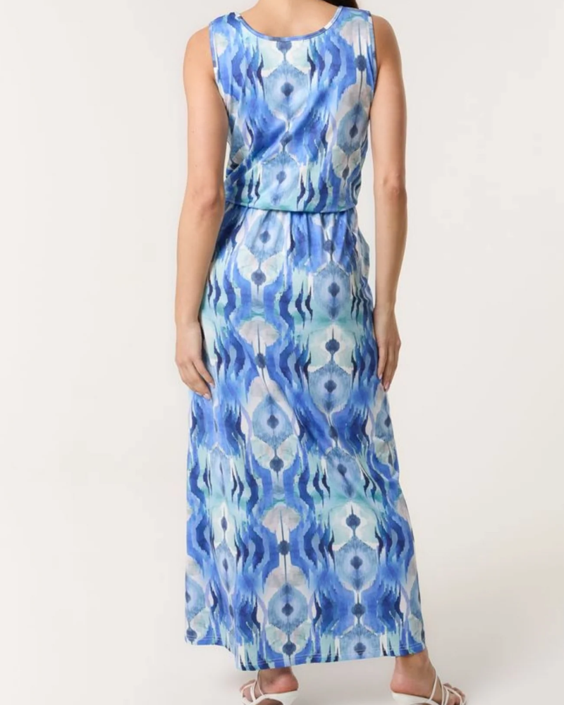 Watercolour Puffball Maxi Dress Blue Tone