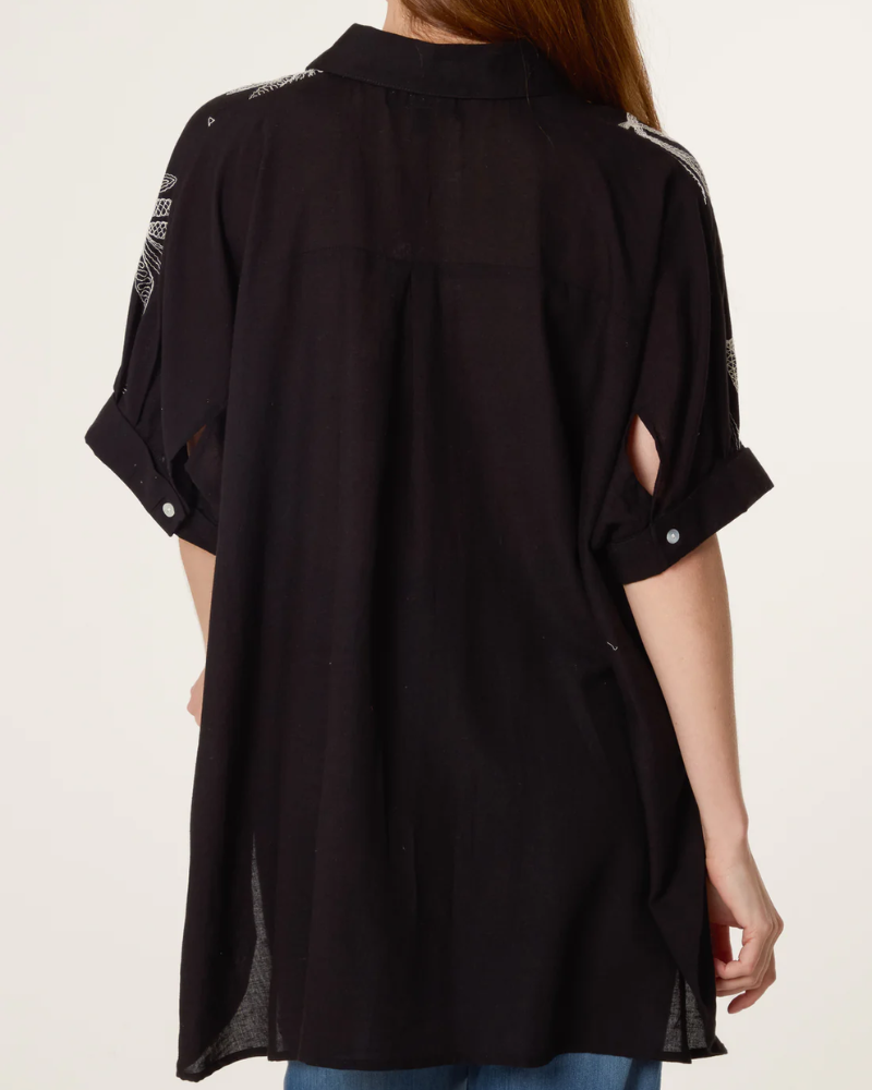 Black Embroidered Leaf Button Shirt