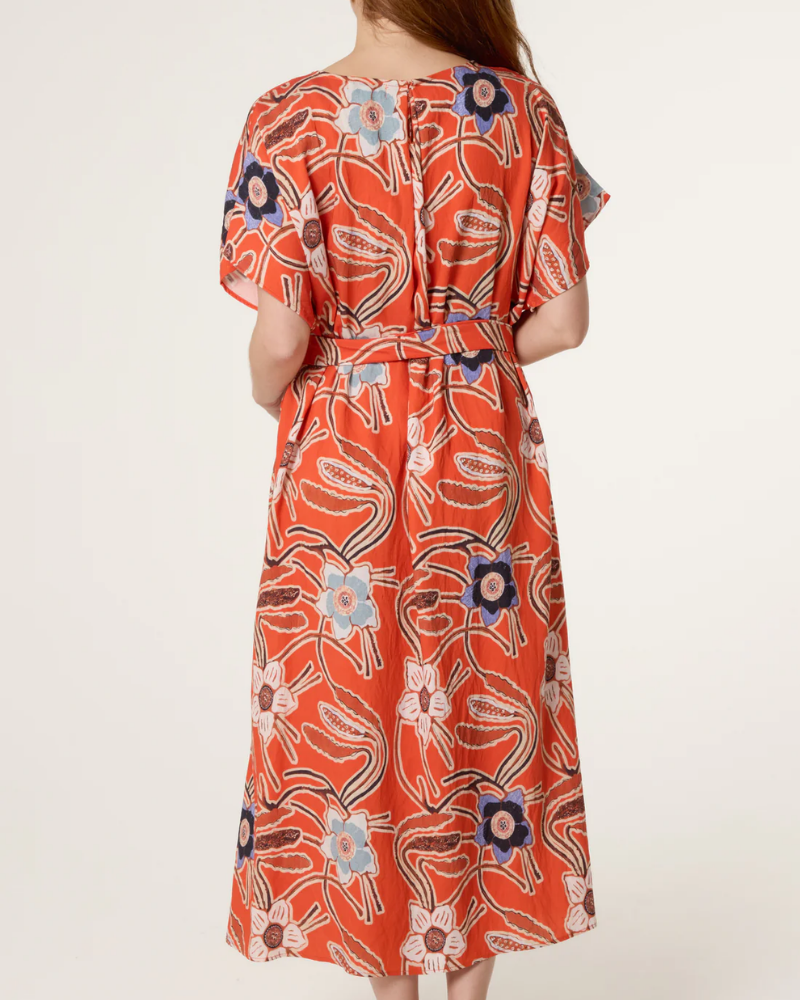 Orange Floral Belted Relaxed Pocket Dress