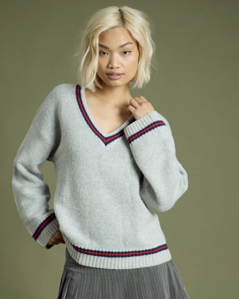 Grey Varsity V-Neck Trim Jumper