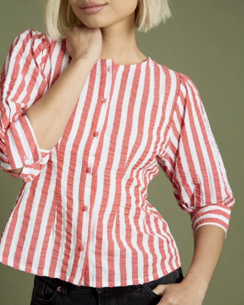 Red Stripe Puff Sleeve Shirt