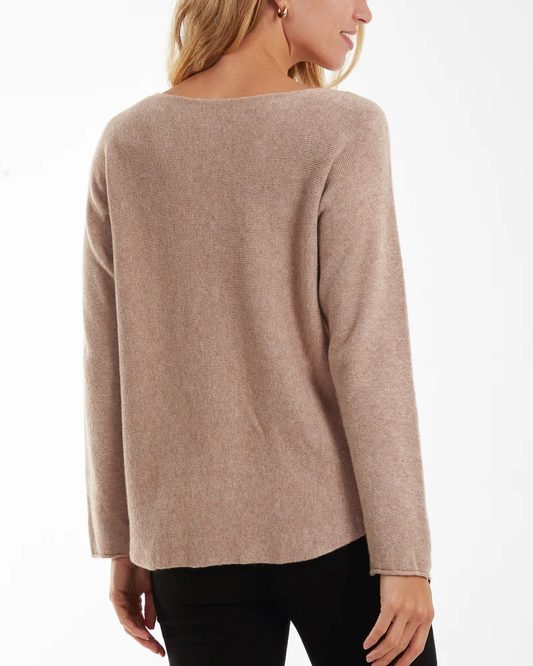Round Neck Fine Knit Jumper in Light Mocha