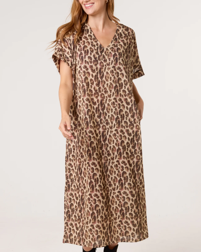 Mocha Shimmer Print Animal Midi Dress