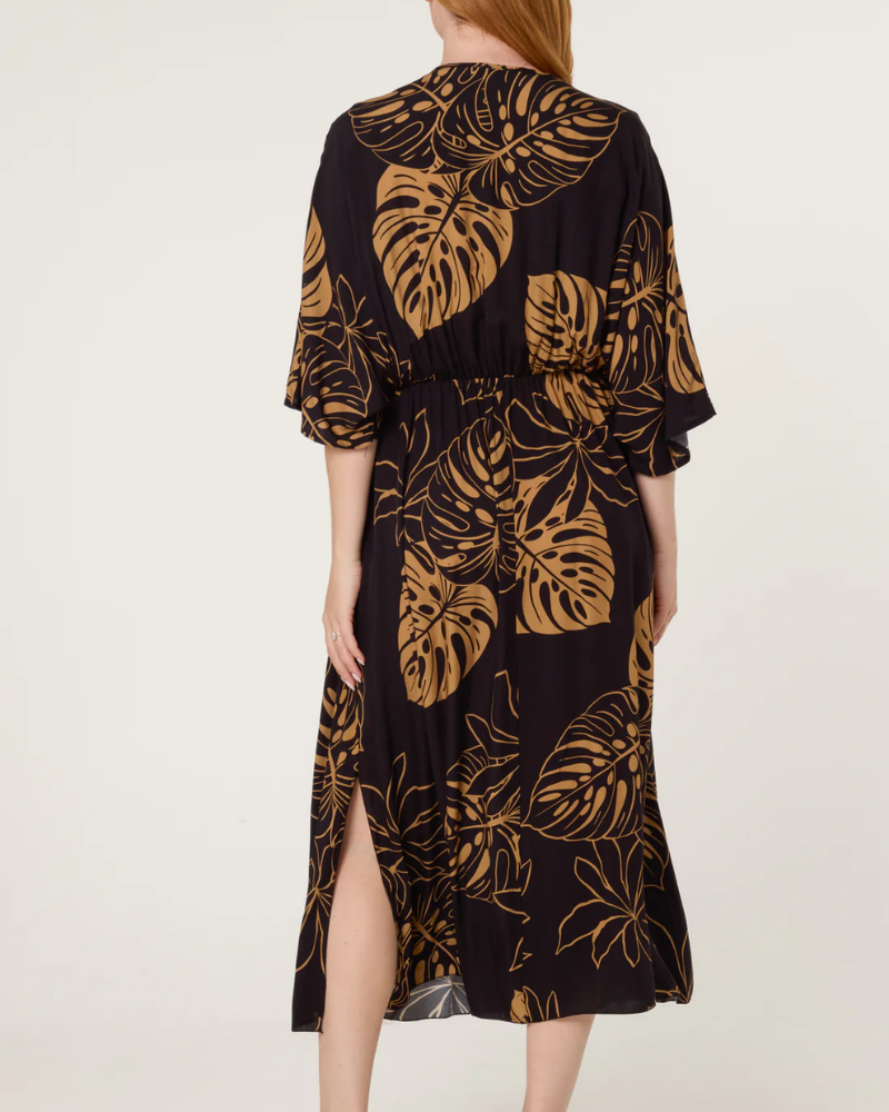 Black Tropical Leaf Patterned V-Neck Dress