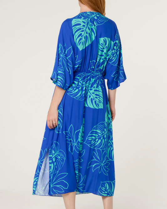 Royal Blue Tropical Leaf Patterned V-Neck Dress