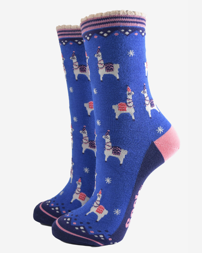 Blue Winter Party Llamas Bamboo Socks