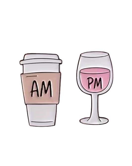 AM/ PM Wine Glass Enamel Pin Badge Set of Two