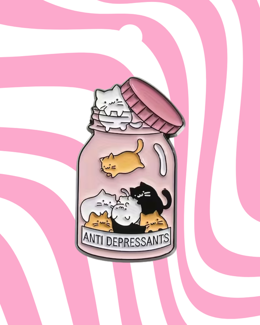 Cat Pills Antidepressants Novelty Enamel Pin Badge
