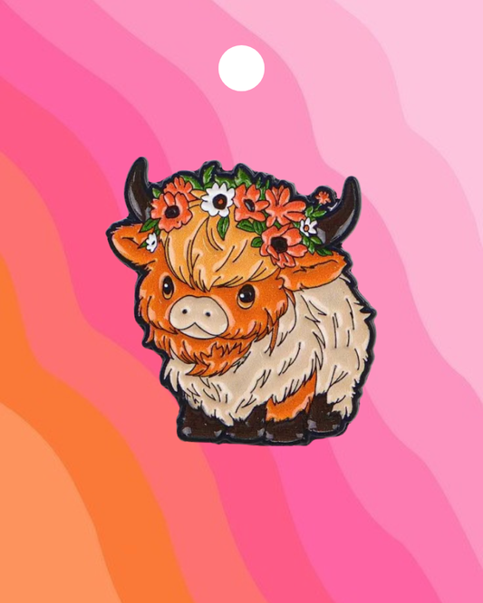 Cute Highland Cow Flower Crown Enamel Pin Badge