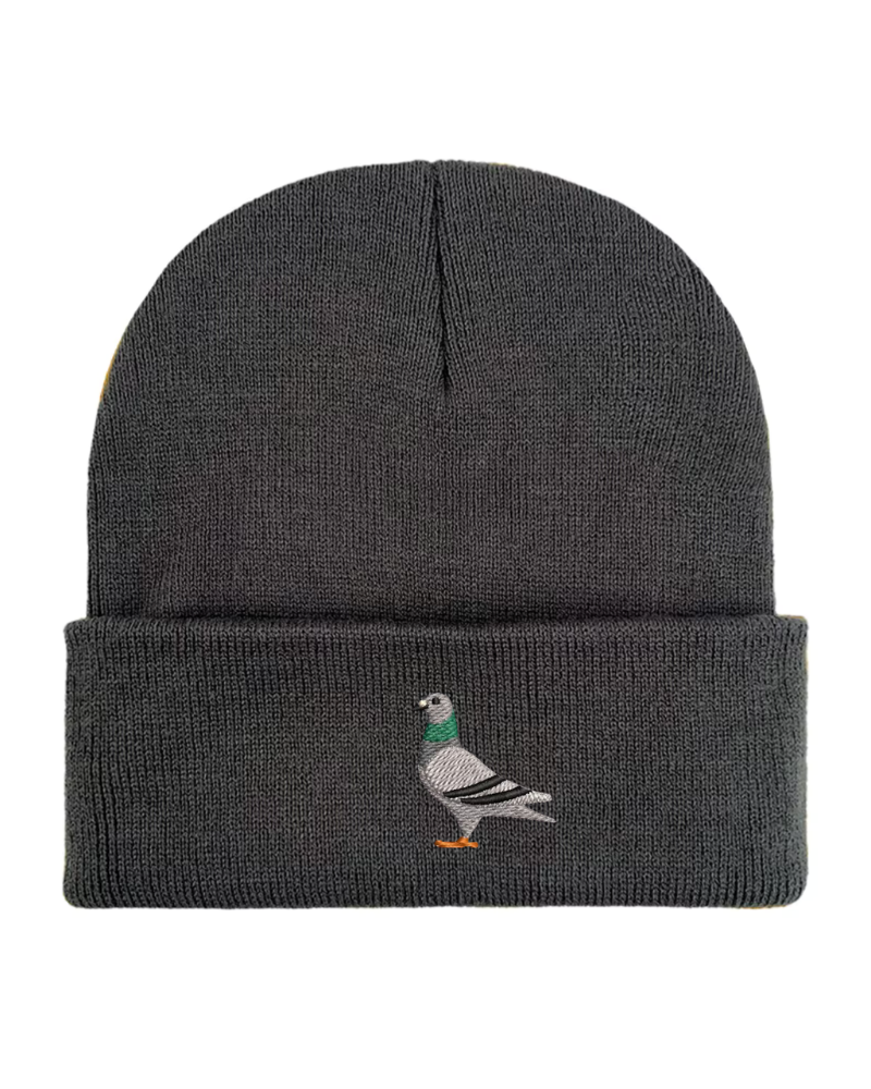 Pigeon Embroidered Beanie Hat in Dark Grey