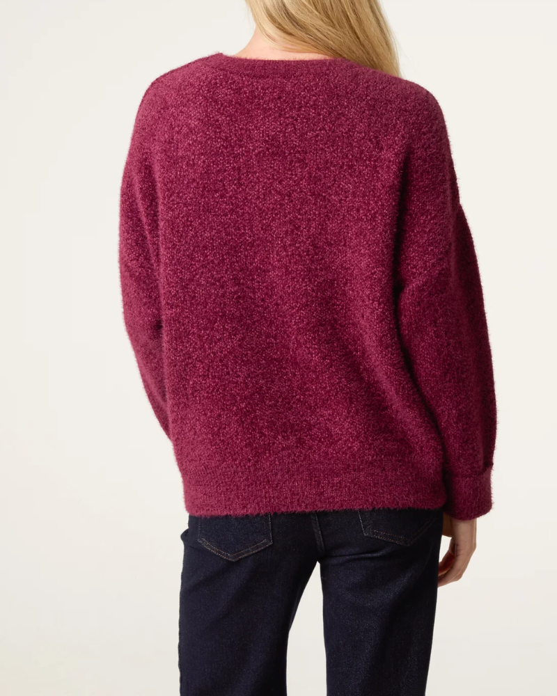 Fluffy Long Sleeve Jumper In Berry