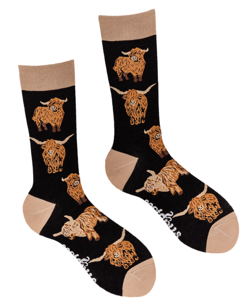 Black Och Aye the Moo Highland Cow Crew Socks
