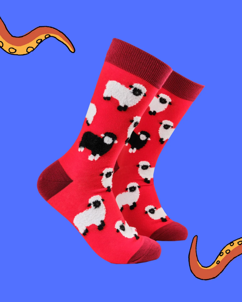 Red Fluffy Sheep Crew Socks