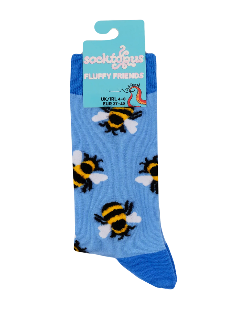 Fluffy Bumble Bee Crew Socks in Blue