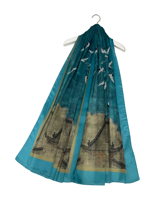 Japanese Cranes Artist Silk Scarf in Gold & Teal